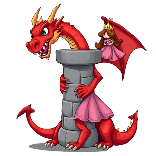 scary red dragon looking at the bottom left, wrapping around the concrete pillar, holding in its hand up in the air to the sky to capture is a princess with brown hair, a golden crown and a pink dress