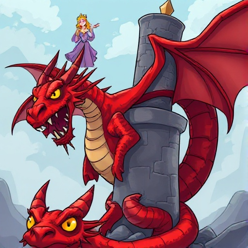  scary red dragon looking at the bottom left, wrapping around the vertical cylinder concrete foundation pillar on the side, holding in its hand up in the air to the sky to capture is a princess with, 