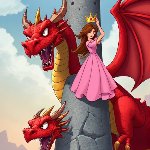 scary red dragon looking at the bottom left, wrapping around the concrete pillar, holding in its hand up in the air to the sky to capture is a princess with brown hair, a golden crown and a pink dress