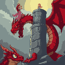 scary red dragon looking at the bottom left, wrapping around the vertical cylinder concrete foundation pillar on the side, holding in its hand up in the air to the sky to capture is a princess with,