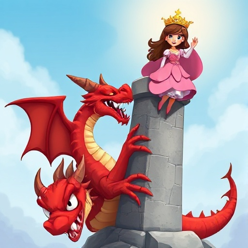 scary red dragon looking at the bottom left, wrapping around the concrete pillar, holding in its hand up in the air to the sky to capture is a princess with brown hair, a golden crown and a pink dress
