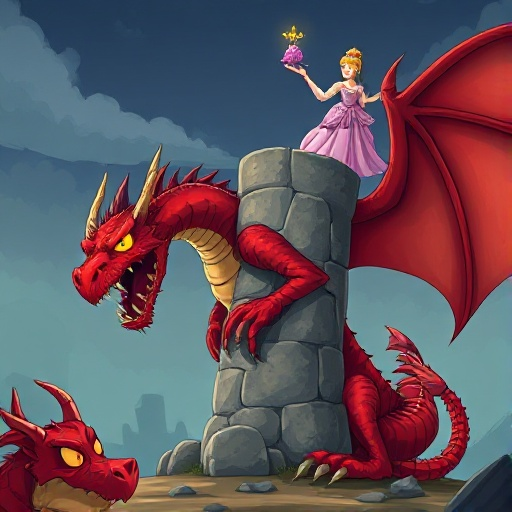 scary red dragon looking at the bottom left, wrapping around the vertical cylinder concrete foundation pillar on the side, holding in its hand up in the air to the sky to capture is a princess with,