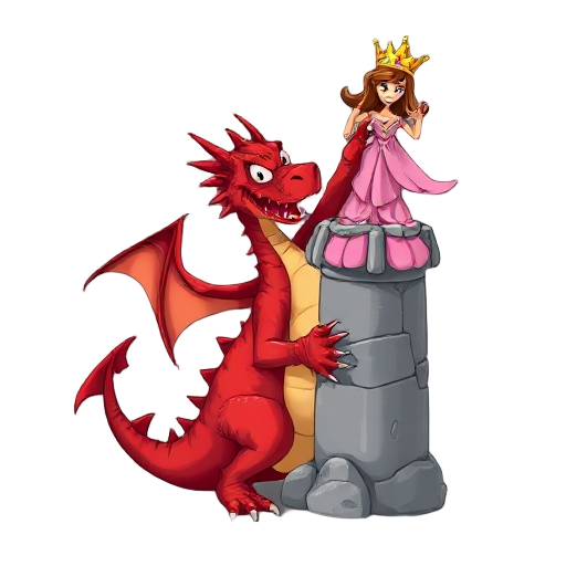 scary red dragon looking at the bottom left, wrapping around the concrete pillar, holding in its hand up in the air to the sky to capture is a princess with brown hair, a golden crown and a pink dress