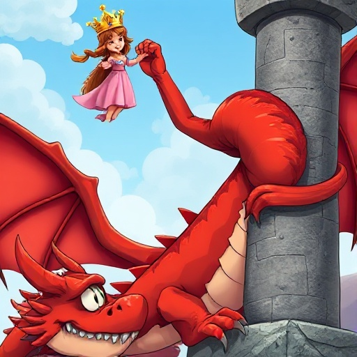 scary red dragon looking at the bottom left, wrapping around the concrete pillar, holding in its hand up in the air to the sky to capture is a princess with brown hair, a golden crown and a pink dress