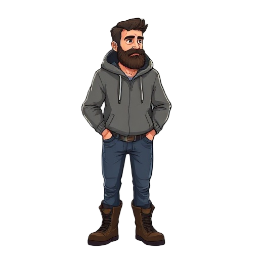 middle aged man with beard, hoodie, jeans and boots idle to the right