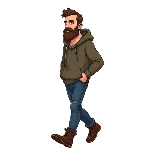 middle aged man with beard, hoodie, jeans and boots walking to the right