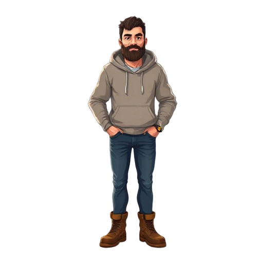 middle aged man with beard, hoodie, jeans and boots idle
