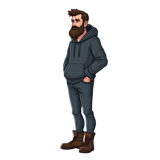 middle aged man with beard, hoodie, jeans and boots idle to the right