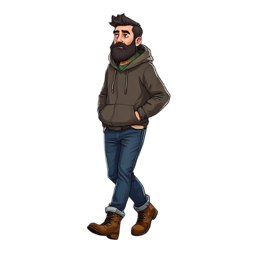 middle aged man with beard, hoodie, jeans and boots walking to the right