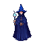 a guys with a black face, with a blue wizard hat, holding a magic stick with a blue diamond on the top of the stick and wearing a dark blue robe