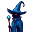 a guys with a black face, with a blue wizard hat, holding a magic stick with a blue diamond on the top of the stick and wearing a dark blue robe
