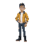 male, mid-aged, black boots, blue jeans, white t-shirt, yellow jacket