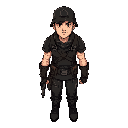 a male character in a post-apocalyptic style, wearing simple dark leather armor and a simple army helmet, his arms should be down and he should hold a dark pistol in his right hand.