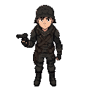 a male character in a post-apocalyptic style, wearing simple dark leather armor and a simple army helmet, his arms should be down and he should hold a dark pistol in his right hand.