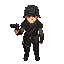 a male character in a post-apocalyptic style, wearing simple dark leather armor and a simple army helmet, his arms should be down and he should hold a dark pistol in his right hand.