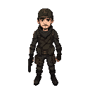 a male character in a post-apocalyptic style, wearing simple dark leather armor and a simple army helmet, his arms should be down and he should hold a dark pistol in his right hand.