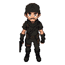 a male character in a post-apocalyptic style, wearing simple dark leather armor and a simple army helmet, his arms should be down and he should hold a dark pistol in his right hand.