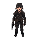 a male character in a post-apocalyptic style, wearing simple dark leather armor and a simple army helmet, his arms should be down and he should hold a dark pistol in his right hand.