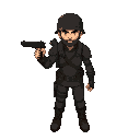 a male character in a post-apocalyptic style, wearing simple dark leather armor and a simple army helmet, his arms should be down and he should be holding a dark pistol in his right hand.
