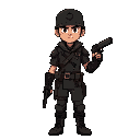 a male character in a post-apocalyptic style, wearing simple dark leather armor and a simple army helmet, his arms should be down and he should hold a dark pistol in his right hand.