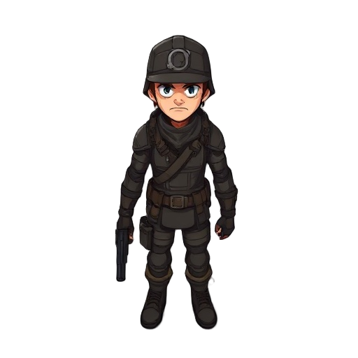 a male character in a post-apocalyptic style, wearing simple dark leather armor and a simple army helmet, his arms should be down and he should hold a dark pistol in his right hand.