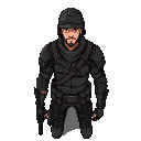 a male character in a post-apocalyptic style, wearing simple dark leather armor and a simple army helmet, his arms should be down and he should hold a dark pistol in his right hand.