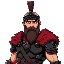 young tough and mighty human warrior with short beard, full plate armor, without helmet fantasy greek character made of black armor and red furs