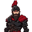 young tough and mighty human warrior with no beard, full plate armor, without helmet fantasy greek character made of black armor and red furs
