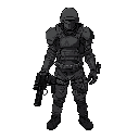 a male character in a post-apocalyptic style, wearing simple dark leather armor and a simple army helmet, his arms should be down and he should be holding a dark pistol in his right hand.