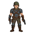 a male character in a post-apocalyptic style, wearing simple dark leather armor and a simple army helmet, his arms should be down and he should be holding a dark pistol in his right hand.