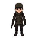 a male character in a post-apocalyptic style, wearing simple dark leather armor and a simple army helmet, his arms should be down and he should be holding a dark pistol in his right hand.