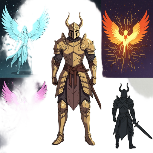 [subject: sequential panels showing the transformation of a warrior, armor shifting from angelic to demonic], [details: feathers turning to embers panel by panel, circuitry glowing then cracking], [background: alternating void black and pastel gradients],