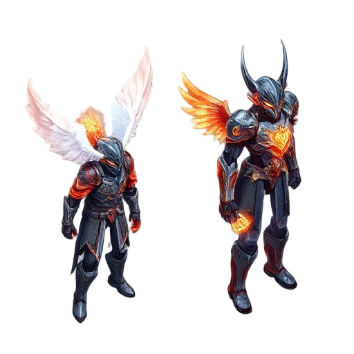 [subject: sequential panels showing the transformation of a warrior, armor shifting from angelic to demonic], [details: feathers turning to embers panel by panel, circuitry glowing then cracking], [background: alternating void black and pastel gradients],