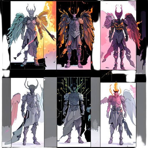 [subject: sequential panels showing the transformation of a warrior, armor shifting from angelic to demonic], [details: feathers turning to embers panel by panel, circuitry glowing then cracking], [background: alternating void black and pastel gradients],