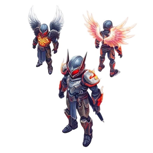 [subject: sequential panels showing the transformation of a warrior, armor shifting from angelic to demonic], [details: feathers turning to embers panel by panel, circuitry glowing then cracking], [background: alternating void black and pastel gradients],