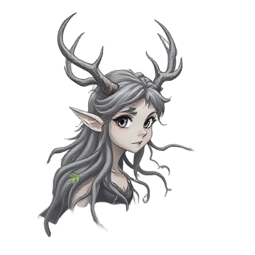 anime style it is a gray page, a forest elf with antlers, whose hair is intertwined with fern roots, surrounded by luminous spores (with fine dots indicating halo), and the background is a rendering of the texture of the branches of ancient trees, with a 