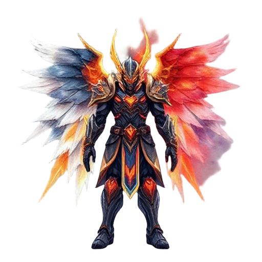 [subject: sequential panels showing the transformation of a warrior, armor shifting from angelic to demonic], [details: feathers turning to embers panel by panel, circuitry glowing then cracking], [background: alternating void black and pastel gradients],