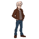 standing, 71 pixels long. white haired male with strong posture. brown leather jacket, blue jeans. medium shading. side scroll, northwest direction