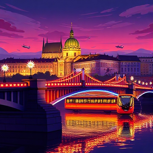 neon lit charles bridge in prague, with the castle in the background and floating trams