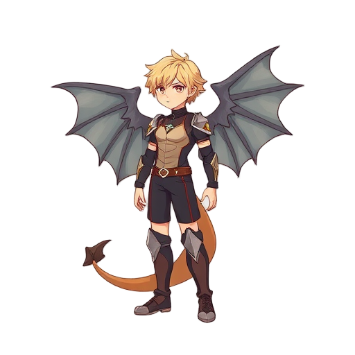 side view, normal height human, has wings the size of the character's body, they are not fully open, a 2 foot long dragon tail, knee pads, shoulder pads and elbow pads in the shape of a diamond, there