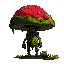 humanoid mushroom enemy covered in moss with a red mushroom top and red eyes. sidescroller. side view