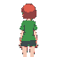 a girl, backview, green t-shirt, shorts, bob cut, red hair