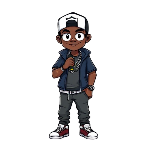 rapper with mic, cap and chains