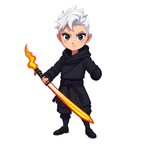 swordsman with fire katana, black clothes, white hair, fair skin, pixel