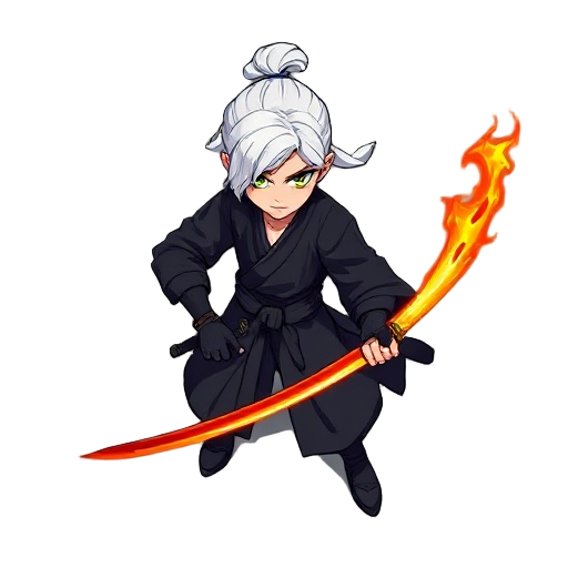 swordsman with fire katana, black clothes, white hair, fair skin, pixel