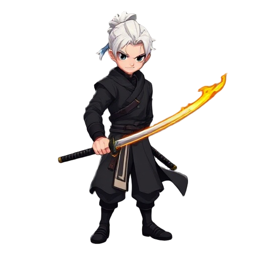 swordsman with fire katana, black clothes, white hair, fair skin,