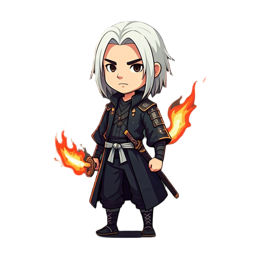 swordsman with fire katana, black clothes, white hair, fair skin, pixel