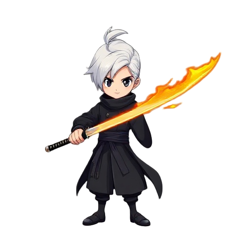 swordsman with fire katana, black clothes, white hair, fair skin,