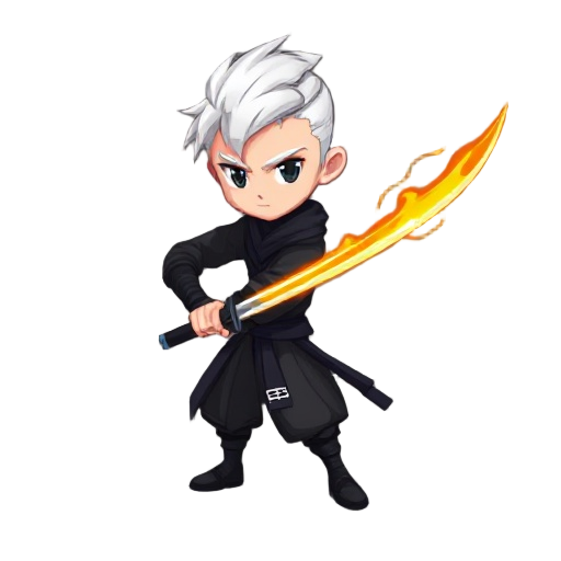 swordsman with fire katana, black clothes, white hair, fair skin, pixel