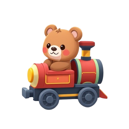 chibi-style bear character on a cute toy train